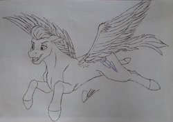 Size: 1525x1079 | Tagged: safe, artist:discbreaker100, imported from derpibooru, zipp storm, pegasus, pony, g5, monochrome, my little pony: a new generation, sketch, solo, spread wings, traditional art, wings