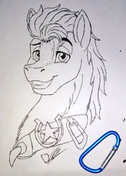 Size: 736x1024 | Tagged: safe, artist:discbreaker100, imported from derpibooru, hitch trailblazer, earth pony, pony, bust, carabiner, g5, male, monochrome, my little pony: a new generation, sketch, solo, stallion, traditional art