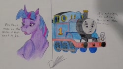 Size: 1024x577 | Tagged: safe, artist:discbreaker100, imported from derpibooru, twilight sparkle, pony, crack shipping, crossover, crossover shipping, shipping, thomas the tank engine, traditional art, train, twitom