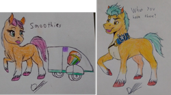 Size: 1847x1024 | Tagged: safe, artist:discbreaker100, imported from derpibooru, hitch trailblazer, sunny starscout, earth pony, pony, cart, duo, female, g5, male, mare, my little pony: a new generation, raised hoof, smoothie, stallion, traditional art