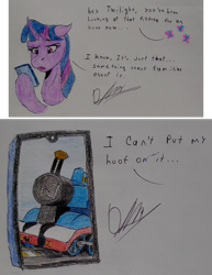 Size: 1116x1442 | Tagged: safe, artist:discbreaker100, imported from derpibooru, twilight sparkle, pony, cellphone, crossover, crossover shipping, dialogue, implied fluttershy, implied twitom, phone, shipping, smartphone, thomas the tank engine, traditional art, train