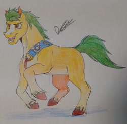 Size: 1024x1003 | Tagged: safe, artist:discbreaker100, imported from derpibooru, hitch trailblazer, earth pony, pony, spoiler:my little pony: a new generation, g5, male, my little pony: a new generation, running, solo, stallion, traditional art