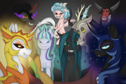 Size: 540x360 | Tagged: safe, artist:alliddeart, imported from derpibooru, cozy glow, daybreaker, discord, king sombra, lord tirek, nightmare moon, queen chrysalis, starlight glimmer, alicorn, centaur, changeling, changeling queen, draconequus, taur, unicorn, antagonist, aura, fangs, female, filly, glowing, glowing horn, grin, horn, looking at you, magic, male, s5 starlight, smiling, villainess, villains of equestria