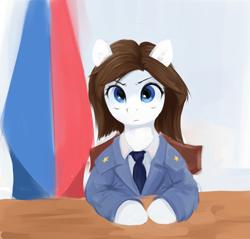 Size: 1305x1245 | Tagged: safe, artist:some_ponu, imported from derpibooru, earth pony, pony, clothes, female, meme, natalia poklonskaya, ponified, russia, russian flag, solo, suit, upright