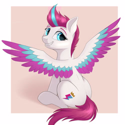 Size: 3543x3543 | Tagged: safe, artist:qwq2233, imported from derpibooru, zipp storm, pegasus, pony, spoiler:my little pony: a new generation, adorazipp, colored wings, cute, eyelashes, female, g5, high res, looking at you, looking back, looking back at you, mare, multicolored wings, my little pony: a new generation, out of frame, rear view, sitting, smiling, smiling at you, solo, spread wings, wings