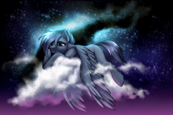 Size: 3000x2000 | Tagged: safe, artist:not-ordinary-pony, derpibooru exclusive, imported from derpibooru, oc, oc only, oc:night flash, pegasus, pony, cloud, female, high res, lying down, lying on a cloud, mare, night, night sky, on a cloud, sad, sky, solo, tired