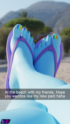 Size: 2160x3840 | Tagged: safe, artist:shadowboltsfm, imported from derpibooru, rainbow dash, anthro, plantigrade anthro, 3d, 4k, beach, blender, crossed legs, feet, fetish, flip-flops, foot fetish, foot focus, high res, legs, nail polish, not sfm, pictures of legs, sandals, snapchat, toenail polish, toes