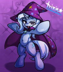 Size: 1157x1323 | Tagged: safe, artist:kyouman1010, imported from derpibooru, trixie, pony, unicorn, abstract background, belly button, bipedal, cape, clothes, cute, cutie mark, diatrixes, eyelashes, female, hat, horn, mare, solo, stars, text, trixie's cape, trixie's hat