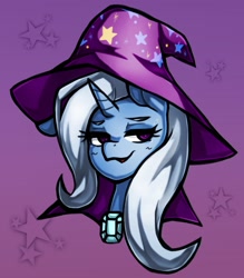 Size: 1543x1764 | Tagged: safe, artist:kyouman1010, imported from derpibooru, trixie, pony, unicorn, abstract background, bust, cape, clothes, cute, diatrixes, eyelashes, female, hat, horn, mare, smug, stars, trixie's cape, trixie's hat