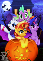 Size: 1440x2008 | Tagged: safe, artist:theretroart88, imported from derpibooru, rarity, spike, sunset shimmer, twilight sparkle, alicorn, dragon, pony, unicorn, equestria girls, bipedal, clothes, costume, cute, female, halloween, halloween costume, holiday, jack-o-lantern, male, open mouth, pumpkin, shimmerbetes, twilight sparkle (alicorn), winged spike, wings