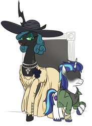 Size: 947x1295 | Tagged: safe, artist:jargon scott, imported from derpibooru, queen chrysalis, shining armor, changeling, changeling queen, pony, unicorn, bandage, bandaged leg, clothes, costume, doorway, dress, ethan winters (resident evil), female, frown, halloween, halloween costume, hat, hidden eyes, holiday, infidelity, jacket, jewelry, lady dimitrescu, lipstick, male, necklace, raised hoof, resident evil 8, shining chrysalis, shipping, smiling, stallion, stitches, straight, unshorn fetlocks