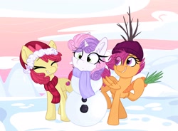 Size: 2594x1904 | Tagged: safe, artist:lbrcloud, imported from derpibooru, apple bloom, scootaloo, sweetie belle, earth pony, pegasus, pony, unicorn, carrot, christmas, clothes, cute, cutie mark crusaders, ear fluff, eye clipping through hair, eyebrows, eyebrows visible through hair, eyes closed, female, filly, food, grin, gritted teeth, hat, holiday, hoof hold, raised hoof, scarf, smiling, smirk, snow, snowmare, teeth, the cmc's cutie marks, winter
