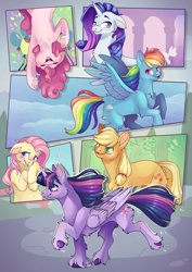 Size: 2896x4096 | Tagged: safe, artist:cutepencilcase, imported from derpibooru, applejack, fluttershy, pinkie pie, rainbow dash, rarity, twilight sparkle, alicorn, earth pony, pegasus, pony, unicorn, blushing, cheek fluff, chest fluff, colored pupils, cute, eyes closed, female, floppy ears, hatless, high res, leg fluff, mane six, mare, missing accessory, open mouth, out of frame, panels, twilight sparkle (alicorn), unshorn fetlocks