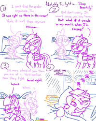 Size: 4779x6013 | Tagged: safe, artist:adorkabletwilightandfriends, imported from derpibooru, spike, twilight sparkle, alicorn, dragon, pony, spider, comic:adorkable twilight and friends, adorkable, adorkable twilight, arachnophobia, bed, bedroom, blanket, calm, calm down, clock, comic, cute, dork, family, female, horror, humor, love, male, mare, nervous, open mouth, pillow, scared, sheet, sleeping, slice of life, sweat, this will not end well, tissue, tissue box, twilight sparkle (alicorn), wuvs