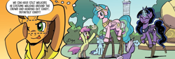 Size: 1316x447 | Tagged: safe, artist:pencils, idw, imported from derpibooru, cheese sandwich, earth pony, pony, spoiler:comic, spoiler:comic94, background pony, bipedal, clothes, costume, fake cutie mark, season 10, unnamed character