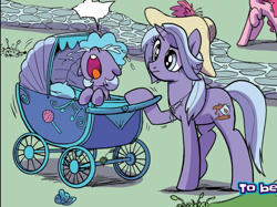 Size: 1029x768 | Tagged: safe, artist:pencils, idw, imported from derpibooru, earth pony, pony, unicorn, spoiler:comic, spoiler:comic94, baby, baby pony, background pony, crying, duo focus, female, foal, hat, mother and child, outdoors, pram, season 10, unnamed character