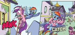 Size: 1310x612 | Tagged: safe, artist:pencils, idw, imported from derpibooru, rainbow dash, earth pony, pegasus, pony, spoiler:comic, spoiler:comic95, background pony, bedroom eyes, gasp, holding a pony, season 10, unnamed character, unsound effect