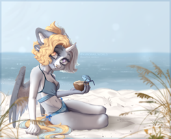 Size: 4300x3500 | Tagged: safe, artist:avroras_world, imported from derpibooru, oc, oc only, alicorn, anthro, unguligrade anthro, alicorn oc, beach, belly button, bikini, breasts, clothes, day, eyebrows, female, heterochromia, horn, mare, nose piercing, ocean, outdoors, piercing, sand, sky, smiling, solo, summer, swimsuit, water, watermark, wings