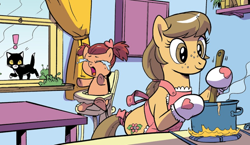 Size: 1214x705 | Tagged: safe, artist:pencils, idw, imported from derpibooru, cat, earth pony, pony, spoiler:comic, spoiler:comic95, baby, baby pony, background pony, bipedal, bipedal leaning, cooking, crying, female, foal, leaning, mother and child, season 10, unnamed character