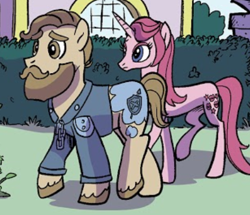 Size: 410x353 | Tagged: safe, artist:pencils, idw, imported from derpibooru, earth pony, pony, unicorn, spoiler:comic, spoiler:comic95, background pony, beard, clothes, facial hair, season 10, unnamed character