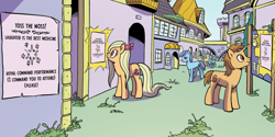 Size: 1361x682 | Tagged: safe, artist:pencils, idw, imported from derpibooru, earth pony, pony, unicorn, spoiler:comic, spoiler:comic95, background pony, season 10, unnamed character