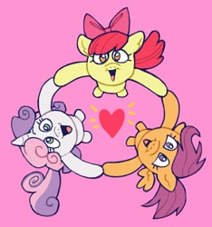 Size: 1913x2047 | Tagged: safe, artist:phobohobo1, imported from derpibooru, apple bloom, scootaloo, sweetie belle, earth pony, pegasus, pony, unicorn, cutie mark crusaders, female, filly, from above, heart, pink background, simple background, trio