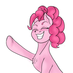 Size: 2100x2100 | Tagged: safe, artist:dbzxking, imported from derpibooru, pinkie pie, earth pony, pony, chest fluff, colored, cute, diapinkes, eyes closed, female, grin, happy, high res, raised hoof, shading, simple background, sitting, smiling, white background