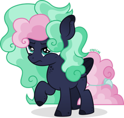 Size: 1920x1822 | Tagged: safe, artist:cirillaq, imported from derpibooru, oc, oc only, oc:night cloud, pegasus, pony, female, filly, folded wings, full body, lidded eyes, pegasus oc, poofy mane, poofy tail, raised hoof, shadow, show accurate, simple background, solo, standing, tail, transparent background, wings