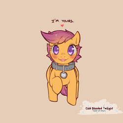 Size: 1200x1200 | Tagged: safe, artist:cold-blooded-twilight, imported from derpibooru, scootaloo, pegasus, pony, blushing, collar, dialogue, female, heart, heart eyes, looking at you, name tag, raised leg, simple background, slave, slave collar, wingding eyes