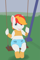 Size: 925x1375 | Tagged: safe, artist:binkyroom, imported from derpibooru, oc, oc only, anthro, unguligrade anthro, blue diaper, clothes, cute, diaper, happy, looking at you, open mouth, open smile, park, smiling, smiling at you, socks, solo, swing, white fur