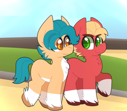 Size: 1449x1270 | Tagged: safe, artist:saveraedae, imported from derpibooru, hitch trailblazer, sprout cloverleaf, earth pony, pony, cheek fluff, chest fluff, coat markings, colt, colt hitch trailblazer, colt sprout cloverleaf, facial markings, g5, looking at each other, male, my little pony: a new generation, outdoors, socks (coat markings), walking, younger