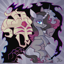 Size: 1198x1198 | Tagged: safe, artist:syriskater, imported from derpibooru, fhtng th§ ¿nsp§kbl, classical unicorn, demon, unicorn, them's fightin' herds, cloven hooves, duo, female, leonine tail, looking at you, magic, mare, oleander (tfh), skull, unshorn fetlocks