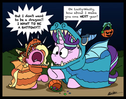 Size: 1024x806 | Tagged: safe, artist:bobthedalek, imported from derpibooru, luster dawn, starlight glimmer, pony, unicorn, candy, clothes, costume, crying, dragon costume, female, filly luster dawn, food, halloween, holiday, like father like daughter, like parent like child, luster dawn is starlight's and sunburst's daughter, mother and child, mother and daughter, mothers gonna mother, nightmare night, older, older starlight glimmer, pail, trick or treat, younger