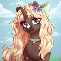 Size: 1500x1500 | Tagged: safe, artist:nika-rain, imported from derpibooru, oc, oc only, pony, unicorn, bow, bust, cloud, commission, cute, female, hair bow, portrait, sky, smiling, solo