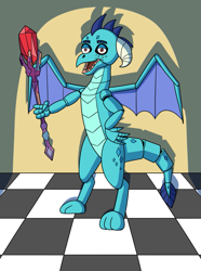 Size: 953x1280 | Tagged: safe, artist:sergeant16bit, imported from derpibooru, princess ember, dragon, animatronic, bloodstone scepter, checkered floor, dragon lord ember, dragoness, female, five nights at freddy's, hand on hip, light, roboticization, shadow