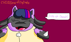 Size: 1272x749 | Tagged: safe, artist:ch1l1l1zardl3g3ndz, imported from derpibooru, twilight sparkle, lucario, dialogue, female, inflatable suit, pokémon, solo, species swap, twilicario