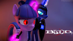 Size: 3840x2160 | Tagged: safe, artist:fireemerald123, imported from derpibooru, princess luna, twilight sparkle, alicorn, 3d, blood+, glowing, glowing eyes, high res, katana, shield, simple background, source filmmaker, sword, twilight sparkle (alicorn), watermark, weapon