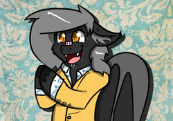 Size: 1000x700 | Tagged: safe, artist:tranzmuteproductions, imported from derpibooru, oc, oc only, oc:tranzmute, bat pony, pony, :d, abstract background, bandaid, bandaid on nose, bat pony oc, bat wings, bust, clothes, ear fluff, male, open mouth, open smile, smiling, solo, stallion, wings