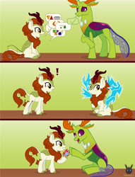 Size: 1870x2453 | Tagged: safe, artist:wheatley r.h., derpibooru exclusive, imported from derpibooru, autumn blaze, thorax, changedling, changeling, kirin, ask, asking, bugs doing bug things, comic, fire, king thorax, mlp fim's eleventh anniversary, nirik fire, shapeshifting, speech bubble, surprised, vector, watermark