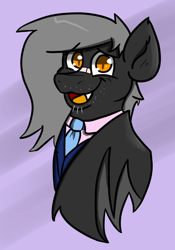 Size: 700x1000 | Tagged: safe, artist:tranzmuteproductions, imported from derpibooru, oc, oc only, oc:tranzmute, bat pony, pony, :d, abstract background, bandaid, bandaid on nose, bat pony oc, clothes, male, necktie, open mouth, open smile, smiling, solo, stallion, suit