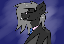 Size: 1000x700 | Tagged: safe, artist:tranzmuteproductions, imported from derpibooru, oc, oc only, oc:tranzmute, bat pony, pony, abstract background, bat pony oc, bat wings, bust, cigarette, eyes closed, male, necktie, smiling, smoking, solo, stallion, wings