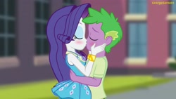 Size: 3640x2048 | Tagged: safe, artist:georgegarza01, imported from derpibooru, rarity, spike, human, equestria girls, blushing, duo, eyes closed, female, geode of shielding, hand on cheek, high res, holding each other, human spike, kiss on the lips, kissing, magical geodes, male, rarity peplum dress, shipping, show accurate, sparity, story included, straight