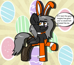 Size: 1000x884 | Tagged: safe, artist:tranzmuteproductions, imported from derpibooru, oc, oc only, oc:tranzmute, bat pony, pony, abstract background, bat pony oc, bowtie, bunny suit, clothes, crossdressing, cuffs (clothes), easter egg, fishnets, male, raised hoof, smiling, solo, stallion, talking