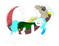 Size: 495x390 | Tagged: safe, artist:madlilon2051, imported from derpibooru, discord, oc, oc:ashley, draconequus, pony, base used, canon x oc, eyelashes, female, male, petting, simple background, sleeping, snuggling, white background