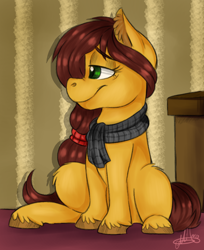 Size: 930x1140 | Tagged: safe, artist:millefaller, imported from derpibooru, oc, earth pony, pony, clothes, ear fluff, earth pony oc, eyelashes, female, indoors, mare, scarf, sitting, smiling, unshorn fetlocks