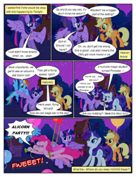 Size: 612x792 | Tagged: safe, artist:newbiespud, edit, edited screencap, imported from derpibooru, screencap, applejack, pinkie pie, rainbow dash, rarity, twilight sparkle, alicorn, earth pony, pegasus, pony, comic:friendship is dragons, magical mystery cure, balloon, comic, dialogue, eyelashes, female, floating, hat, mare, night, outdoors, party horn, raised hoof, screencap comic, stars, then watch her balloons lift her up to the sky, twilight sparkle (alicorn)