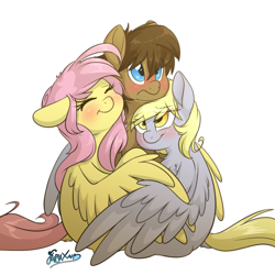Size: 2000x2000 | Tagged: safe, artist:fluffyxai, imported from derpibooru, derpy hooves, fluttershy, oc, oc:spirit wind, earth pony, pegasus, pony, blushing, canon x oc, cuddling, earth pony oc, eye clipping through hair, eyebrows, eyebrows visible through hair, eyes closed, female, frown, high res, hug, male, mare, polyamory, shipping, simple background, smiling, stallion, trio, white background, winghug, wings