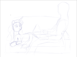 Size: 1004x750 | Tagged: safe, oc, oc only, oc:anon, oc:midnight, alicorn, pony, bootleg, bootleg pony, computer, couch, laptop computer, lying down, monochrome, simple background, sketch, wip