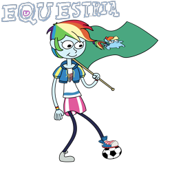 Size: 3000x3000 | Tagged: safe, artist:wren, rainbow dash, human, equestria girls, amphibia, anne boonchuy, armband, clothes, flag, font, humanized, shoes, simple background, skirt, soccer ball (object), sock, squatpony, squish, squishing, standing, sweatshirt, transparent background