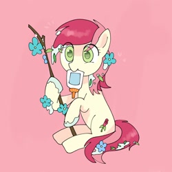 Size: 1024x1024 | Tagged: safe, artist:omelettepony, imported from derpibooru, roseluck, earth pony, pony, student counsel, cute, cuteluck, female, flower, glue, glue bottle, mare, mouth hold, simple background, sitting, solo, stick